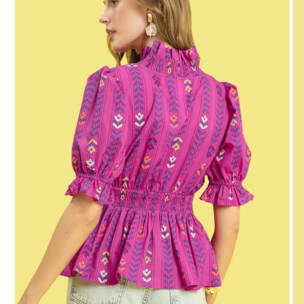 Umgee Women’s Bright Boho Bloom Ruffle Top Puff Sleeve Size Large Maximalist - Picture 2 of 10